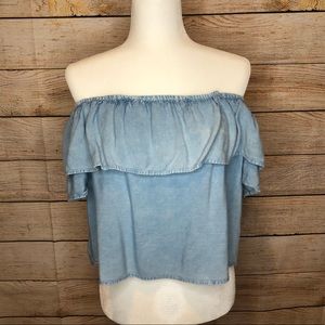 Tramp Blue Acid Wash Off The Shoulder Blouse